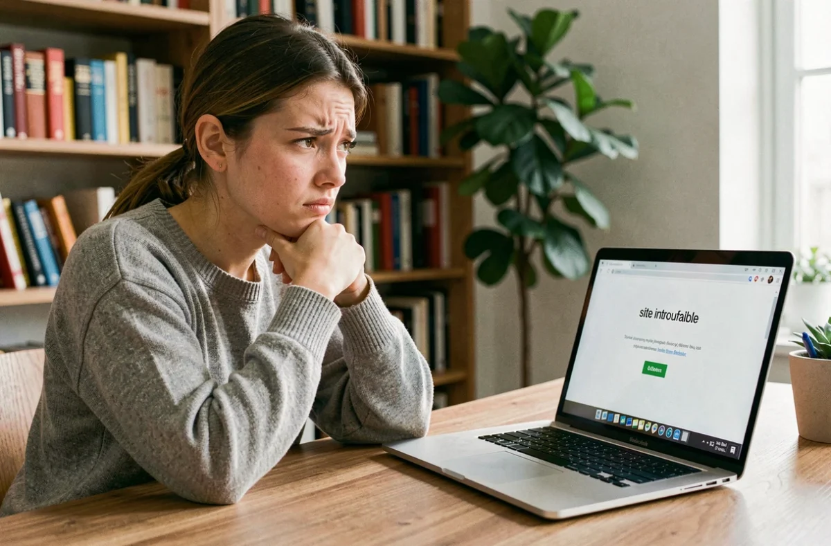 Jeune femme frustrée devant un message d'erreur site introuvable sur son ordinateur portable