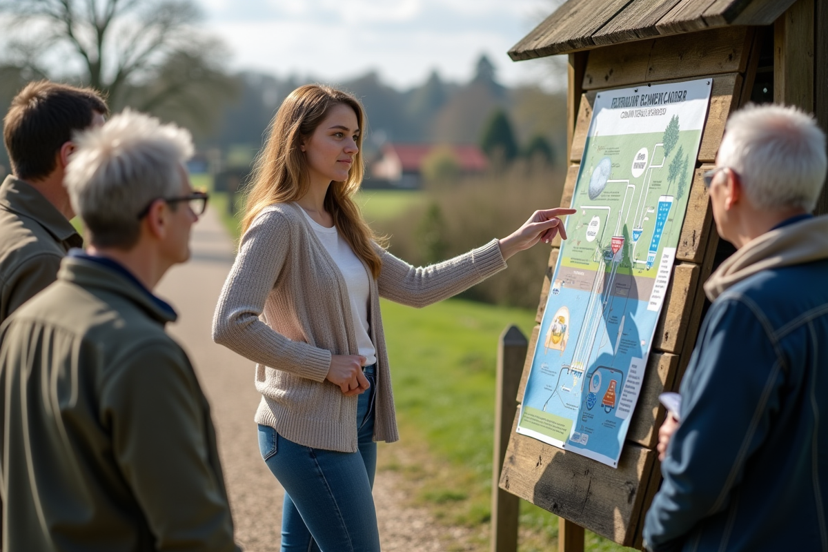 Jeune femme expliquant un diagramme de traitement des eaux à un groupe