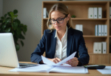 Femme d'affaires examine des documents financiers dans un bureau
