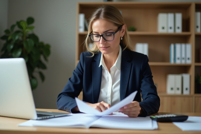 Femme d'affaires examine des documents financiers dans un bureau