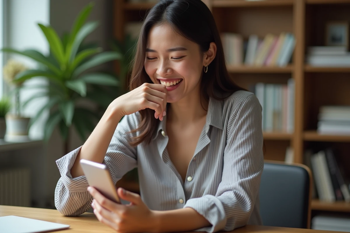 Femme qui rit en regardant un GIF anniversaire rigolo sur son smartphone dans un bureau cosy