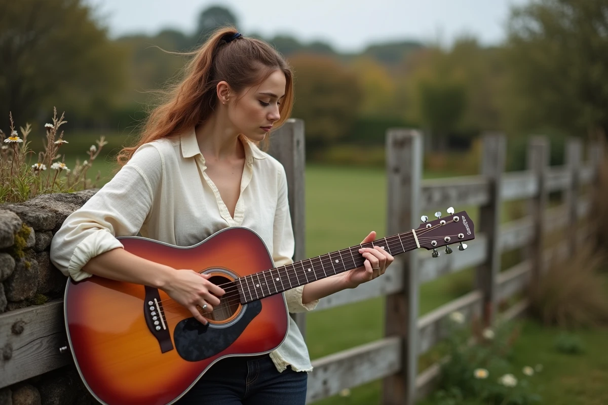 Femme jouant une guitare Atlantic dreadnought sunburst en extérieur dans un jardin rustique