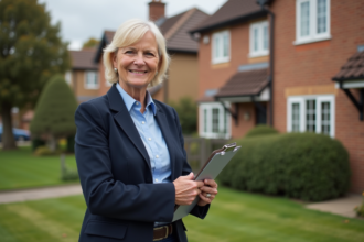 Femme d'âge moyen avec un blazer bleu à côté d'une maison résidentielle