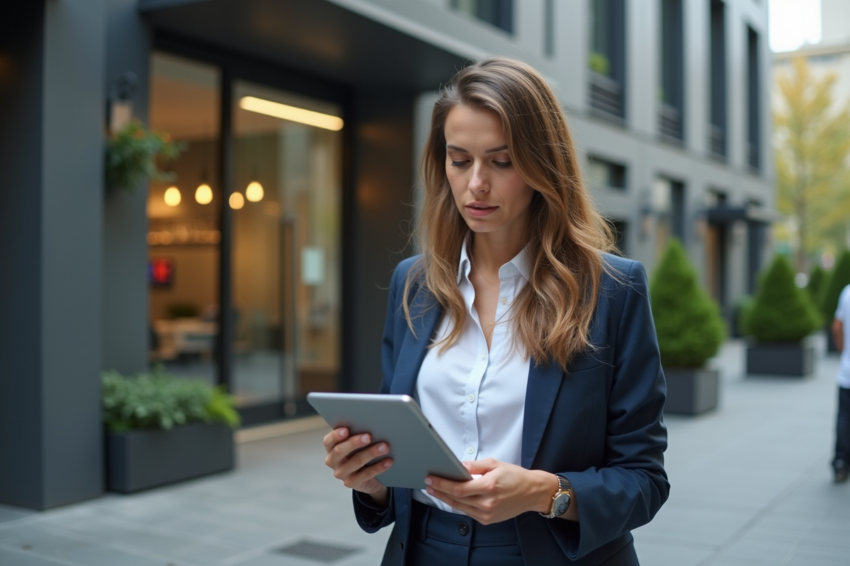 Jeune femme avec tablette immobilière en extérieur