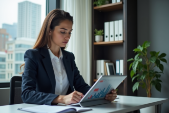 Femme d'affaires regardant un graphique financier sur une tablette