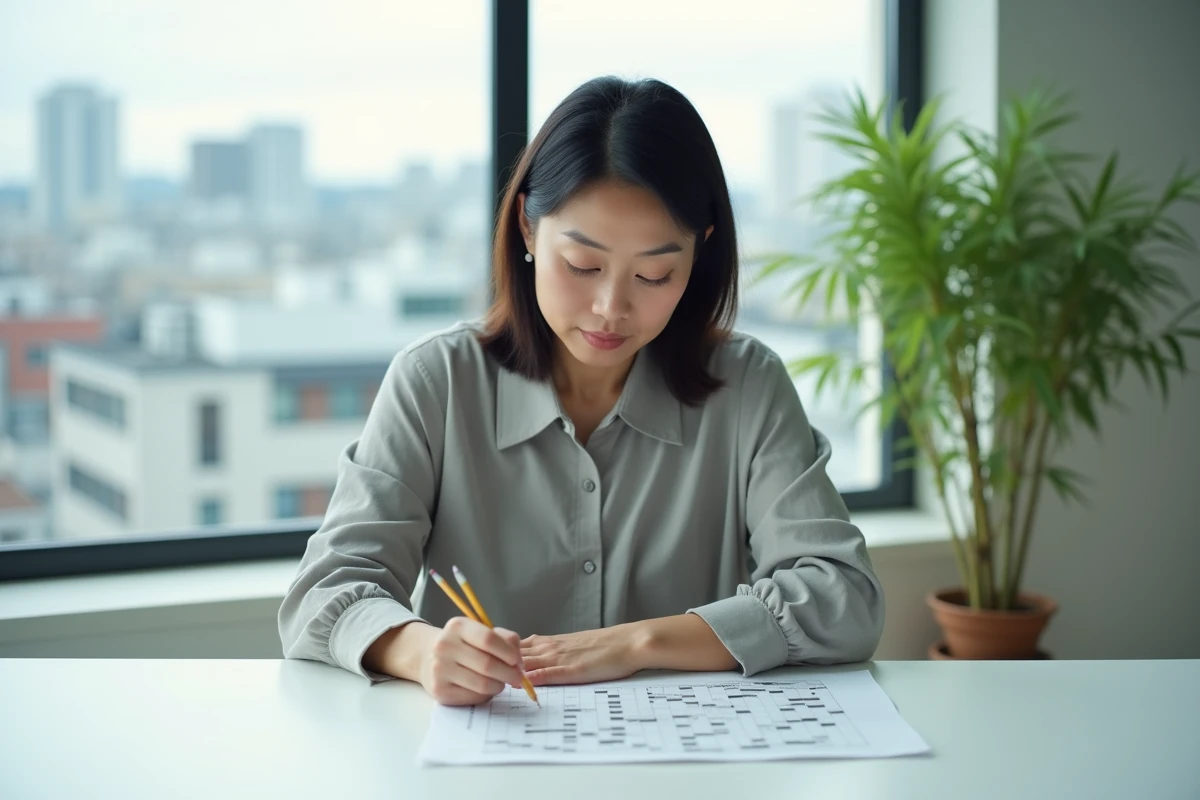 Femme japonaise résolvent une grille de mots croisés à son bureau dans un appartement moderne de Tokyo