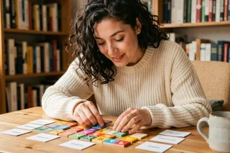 Femme jouant à un jeu de sémantique avec des tuiles de lettres colorées sur une table en bois dans un salon chaleureux