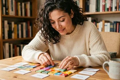 Femme jouant à un jeu de sémantique avec des tuiles de lettres colorées sur une table en bois dans un salon chaleureux