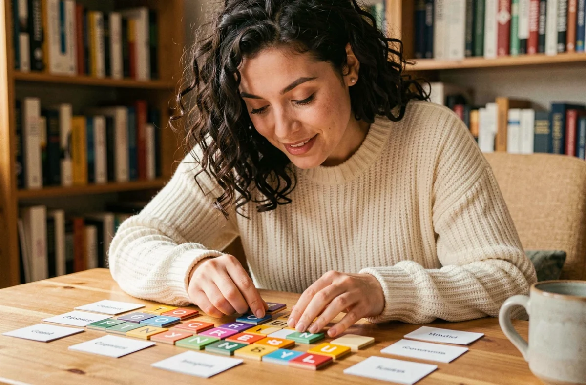 Femme jouant à un jeu de sémantique avec des tuiles de lettres colorées sur une table en bois dans un salon chaleureux