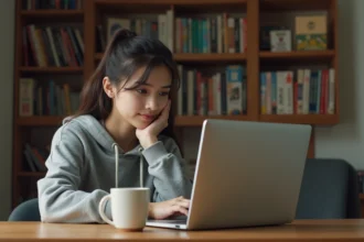 Jeune femme lisant des mangas en ligne sur un ordinateur portable avec une expression dubitative, assise dans un bureau à domicile