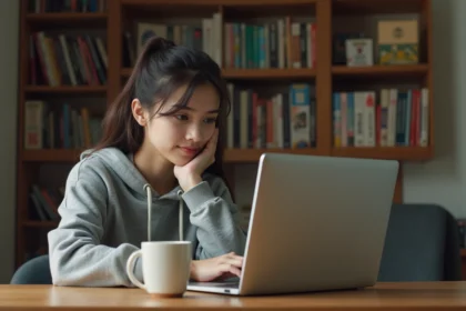 Jeune femme lisant des mangas en ligne sur un ordinateur portable avec une expression dubitative, assise dans un bureau à domicile