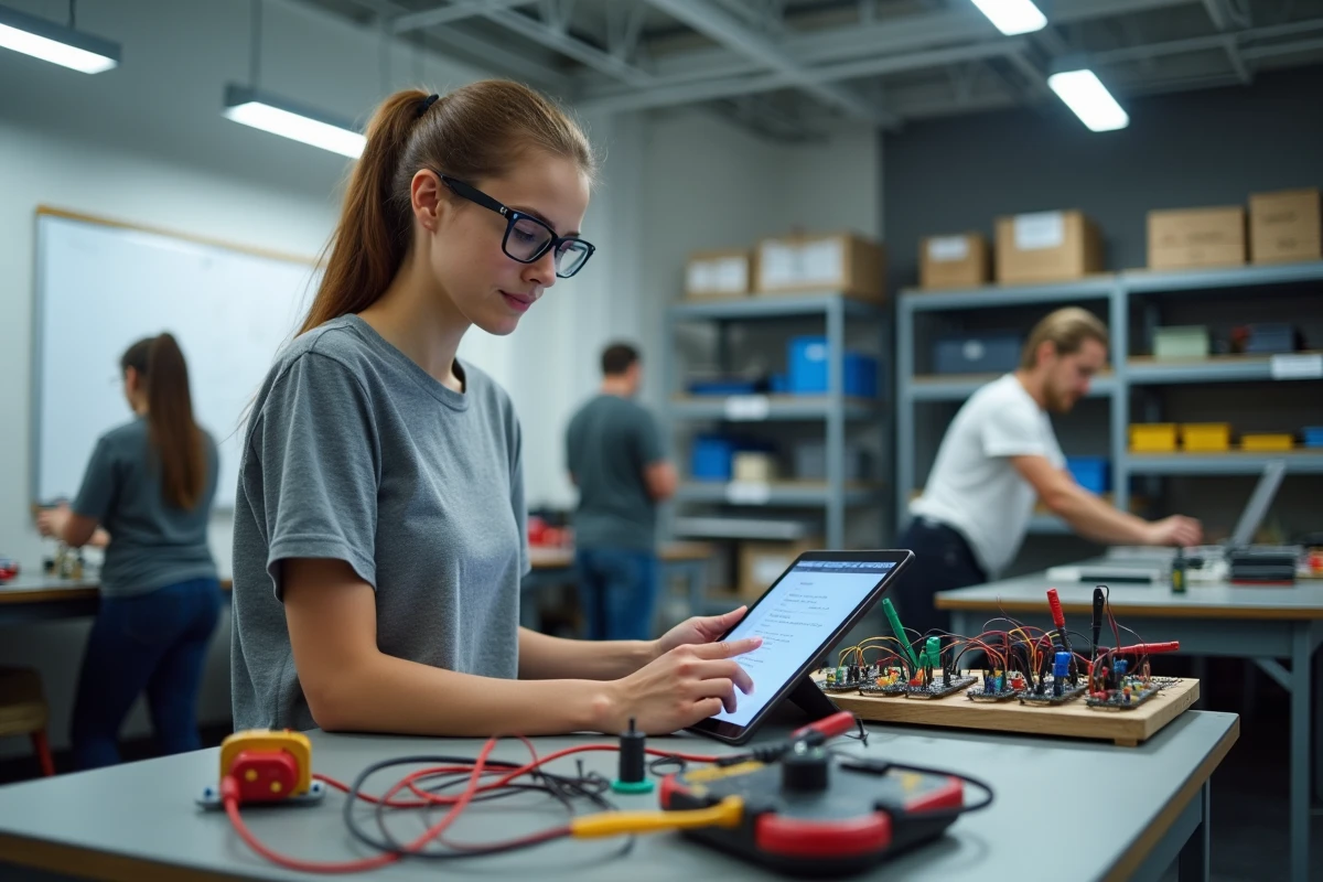 Jeune femme maker utilisant une tablette pour consulter une référence de liste d'outils dans un fablab moderne