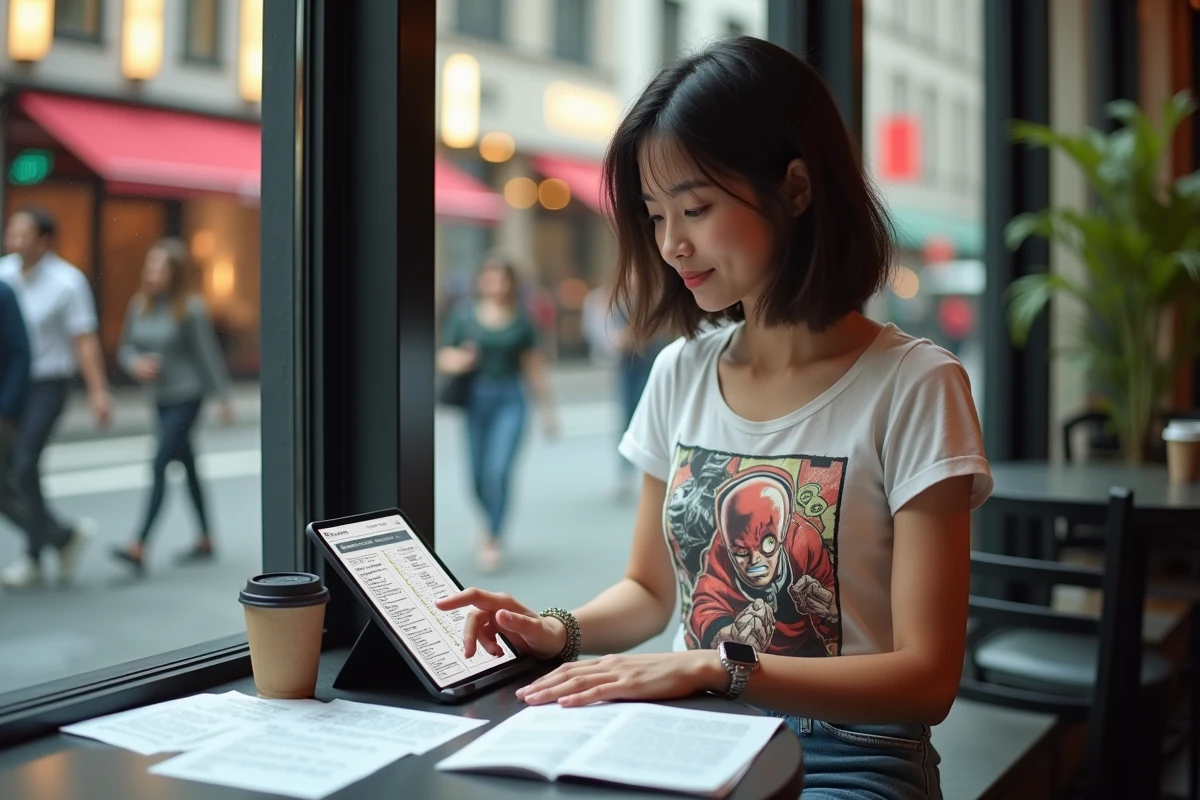 Femme manga en café moderne vérifiant une liste digitale