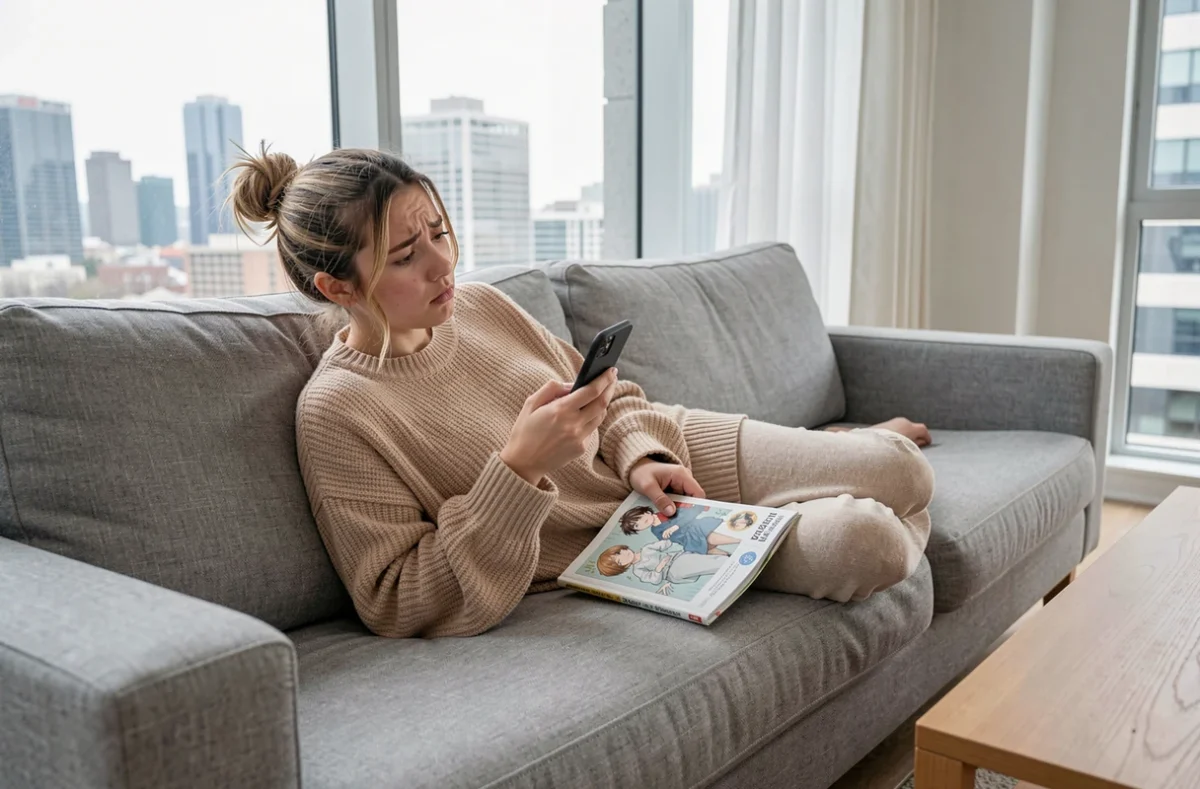 Jeune femme cherchant une alternative sur smartphone après avoir trouvé un scan manga introuvable