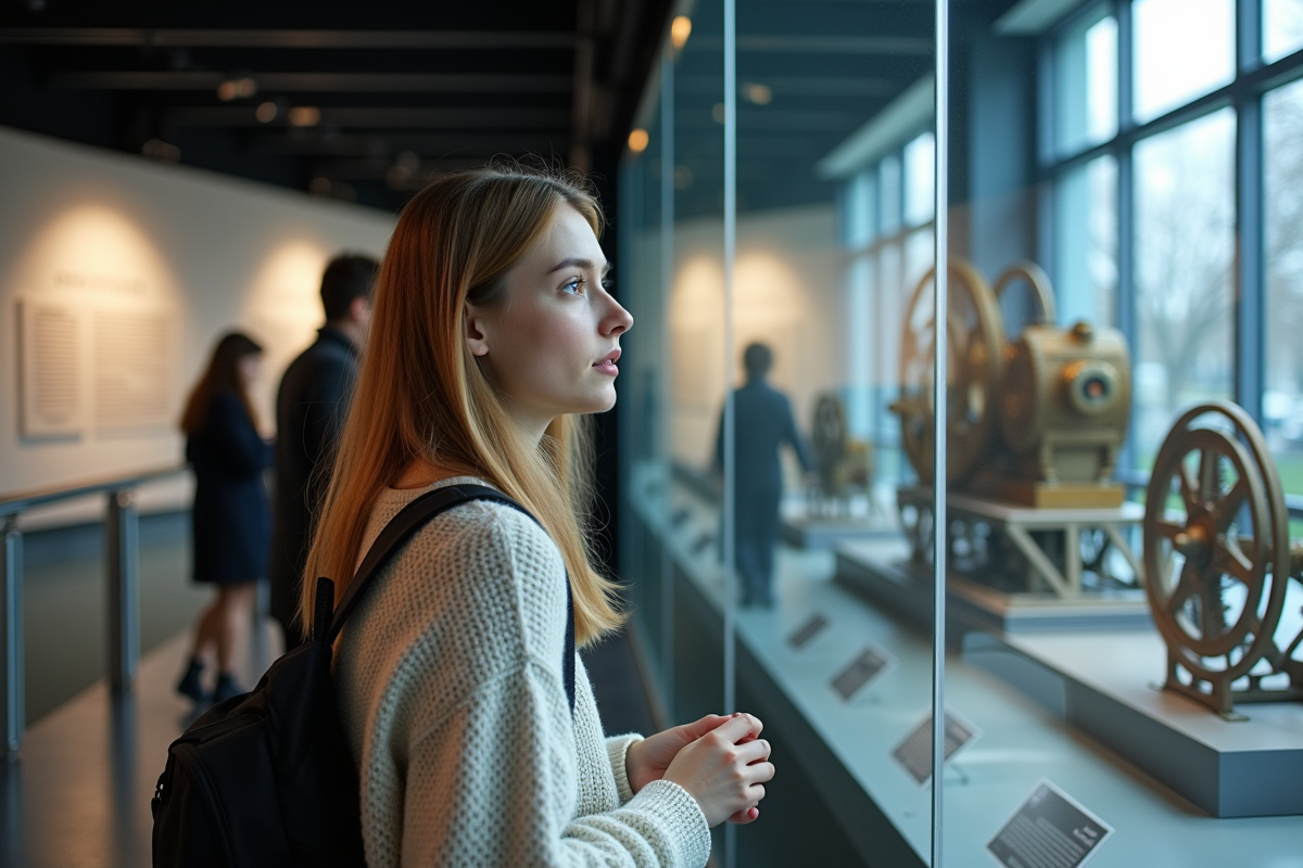 Jeune femme moderne étudiant une exposition sur l