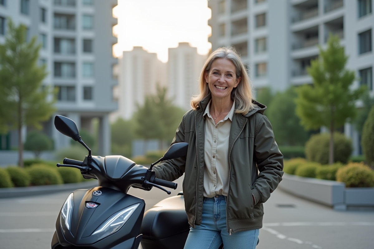 Femme souriante avec sa moto Avengers 125cc en ville