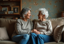 Traumatisme intergénérationnel : définition et impacts sur la famille Femme d'âge moyen et sa mère assises main dans la main dans un salon