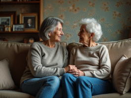 Femme d'âge moyen et sa mère assises main dans la main dans un salon