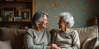 Traumatisme intergénérationnel : définition et impacts sur la famille Femme d'âge moyen et sa mère assises main dans la main dans un salon