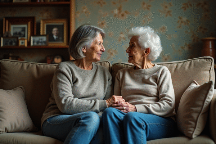 femme-moyenne-age-maman-soutien Femme d'âge moyen et sa mère assises main dans la main dans un salon
