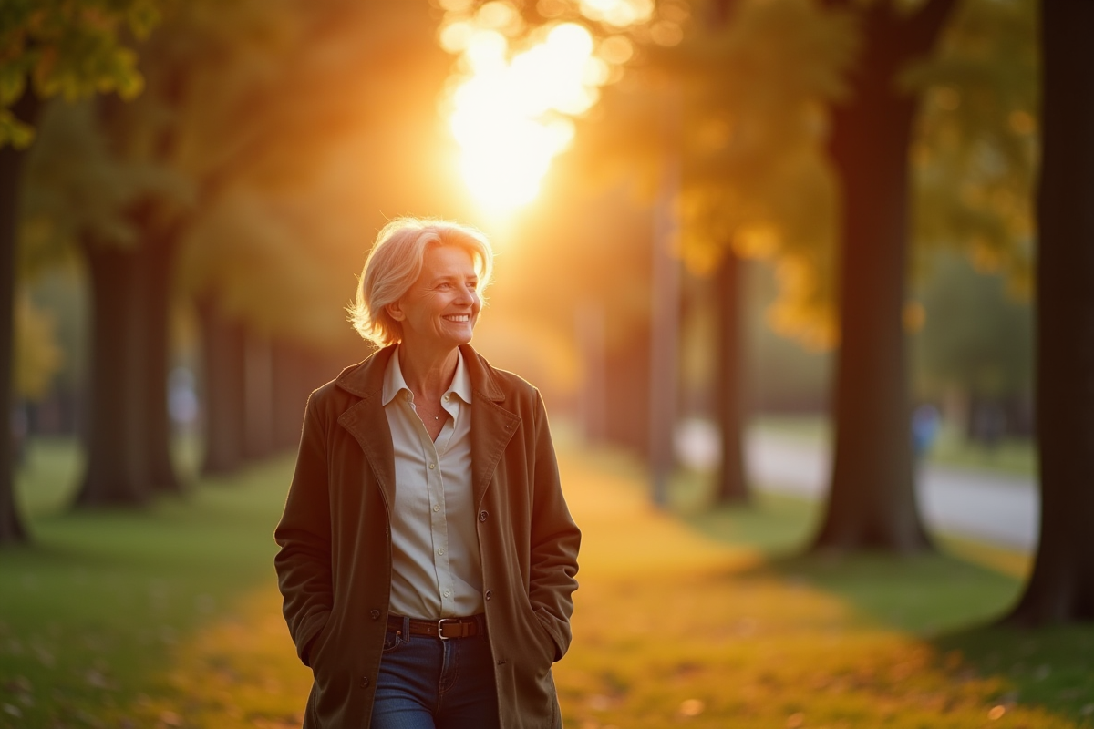 Femme confiante marchant dans un parc en automne