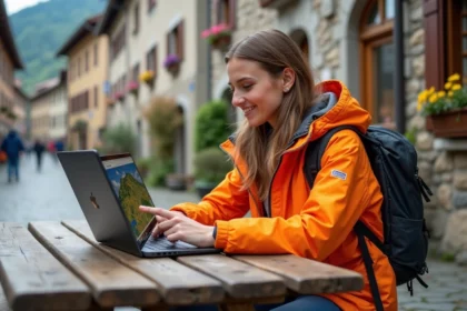 Jeune femme avec ordinateur dans un village de montagne