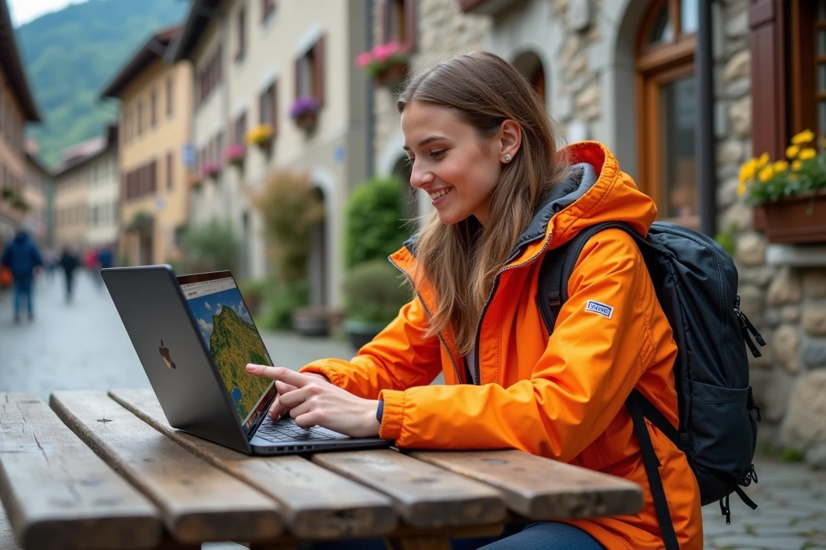 Jeune femme avec ordinateur dans un village de montagne