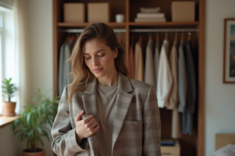 Femme stylée choisissant un blazer dans son dressing