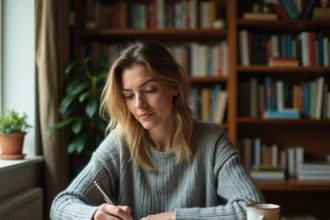 Femme corrigeant son orthographe dans un cahier avec un dictionnaire ouvert sur un bureau en bois
