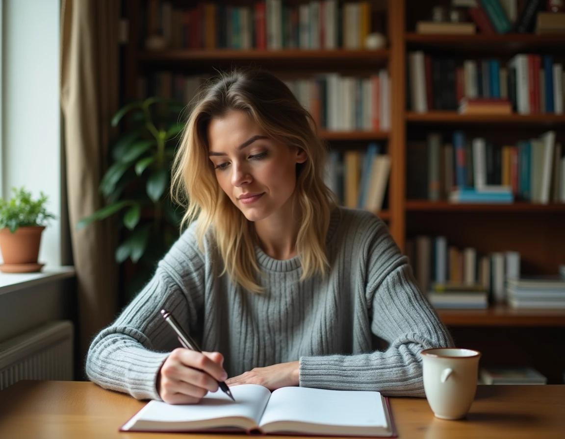 Femme corrigeant son orthographe dans un cahier avec un dictionnaire ouvert sur un bureau en bois