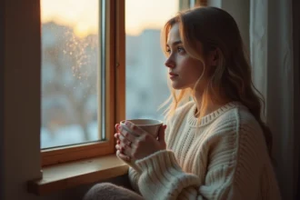 Jeune femme pensive tenant une tasse au lever du jour, pensant à quelqu'un de spécial à 05h55