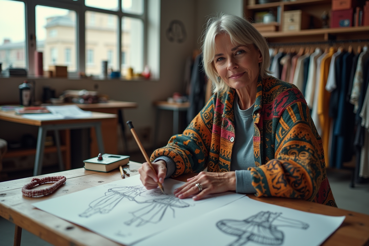 Femme créatrice de mode dans son studio avec croquis