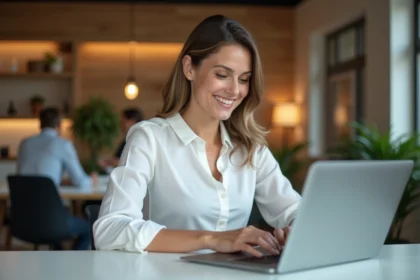 Femme professionnelle corrigeant un email en français sur un ordinateur portable dans un bureau moderne