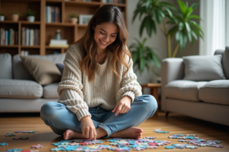 Femme assemble un puzzle coloré dans un salon chaleureux