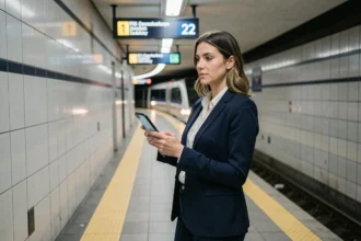 Femme professionnelle consultant son smartphone sur un quai de métro de la ligne 6 pour optimiser son trajet domicile-travail