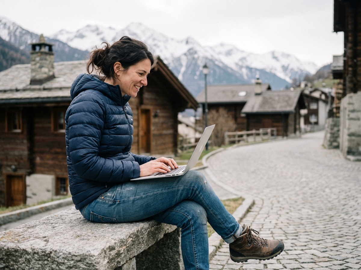 Femme en veste doudoune dans un village de montagne près de Grenoble