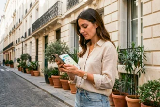 Femme cherchant un code postal de Montpellier sur son smartphone dans une rue du centre-ville