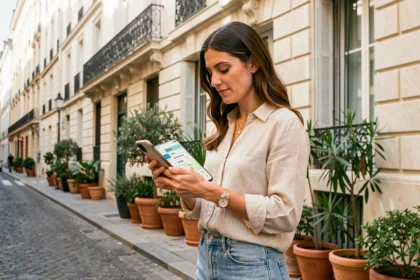 Femme cherchant un code postal de Montpellier sur son smartphone dans une rue du centre-ville