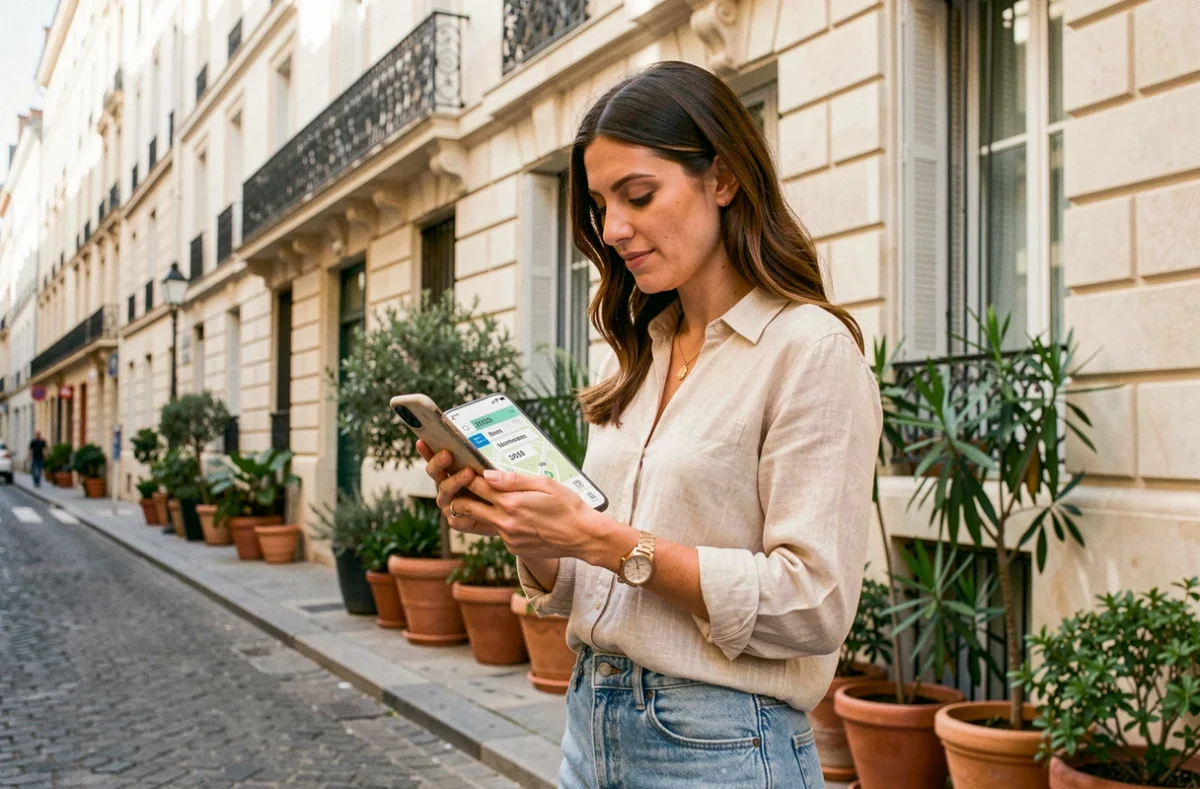 Femme cherchant un code postal de Montpellier sur son smartphone dans une rue du centre-ville