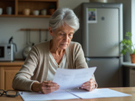 Femme âgée examinant des papiers de retraite à la maison