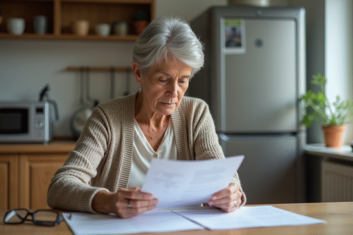 Femme âgée examinant des papiers de retraite à la maison