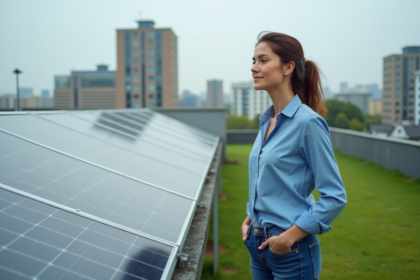 Femme inspectant des panneaux solaires sur un toit urbain