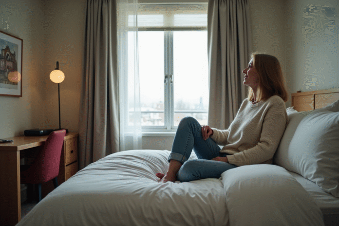 Femme assise dans une chambre d'hôtel modeste