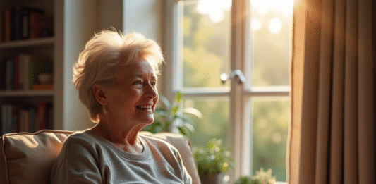 Rachel Sharp : biographie, carrière et vie discrète loin des caméras Femme de 50 ans au naturel près d'une fenêtre lumineuse