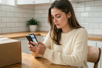 Jeune femme vérifiant le numéro de suivi DPD sur son smartphone dans une cuisine moderne