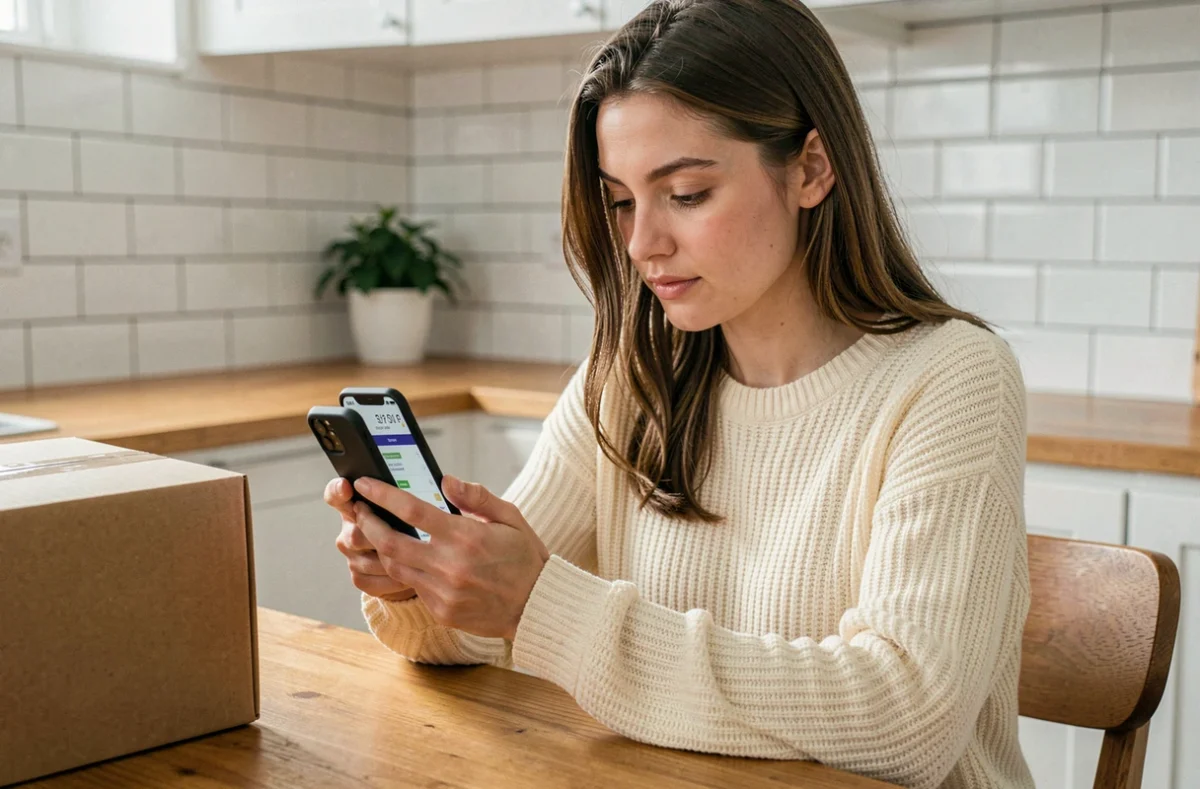 Jeune femme vérifiant le numéro de suivi DPD sur son smartphone dans une cuisine moderne