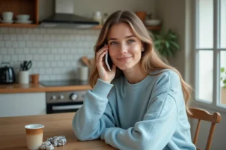 Jeune femme au téléphone dans une cuisine lumineuse