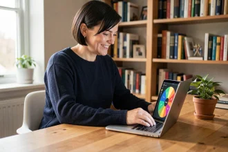 Femme utilisant une toupie numérique en ligne sur son ordinateur portable pendant une pause au bureau à domicile