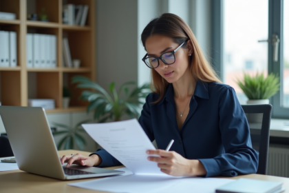 Femme professionnelle en bureau comparant documents et ordinateur