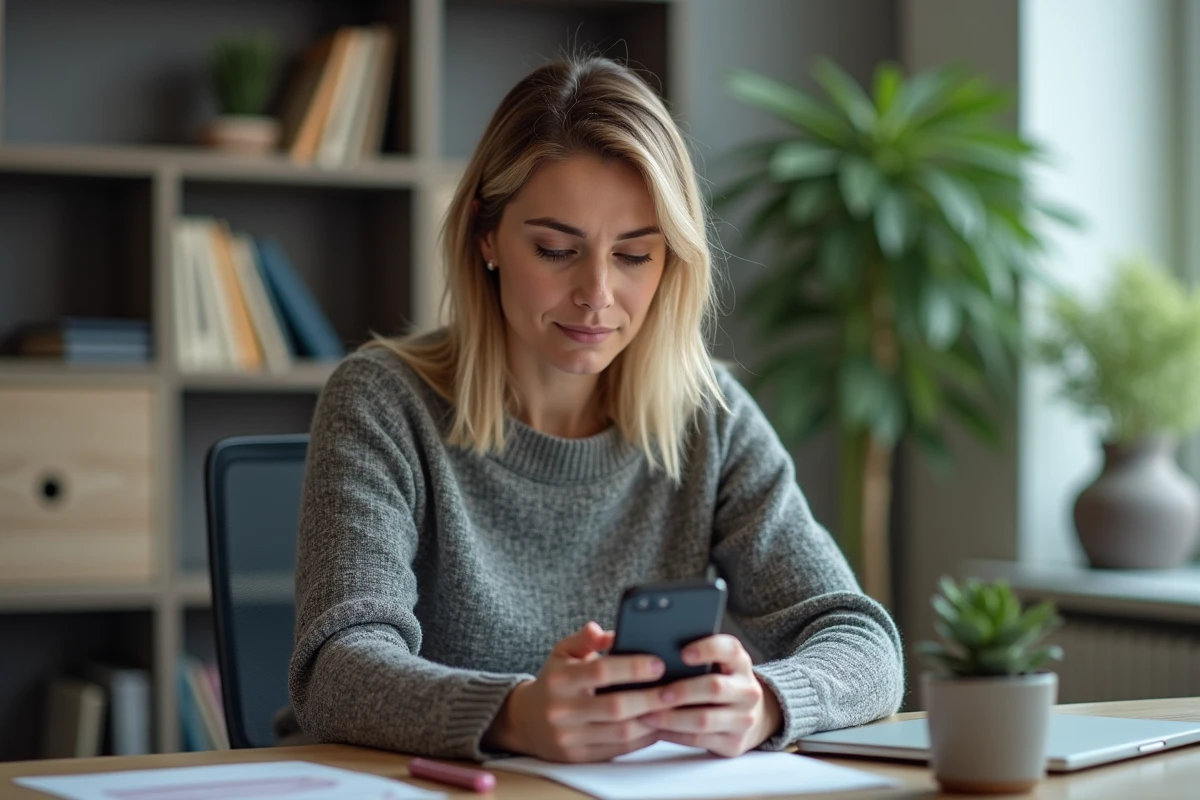 Femme détendue bloquant un numéro sur son smartphone au bureau